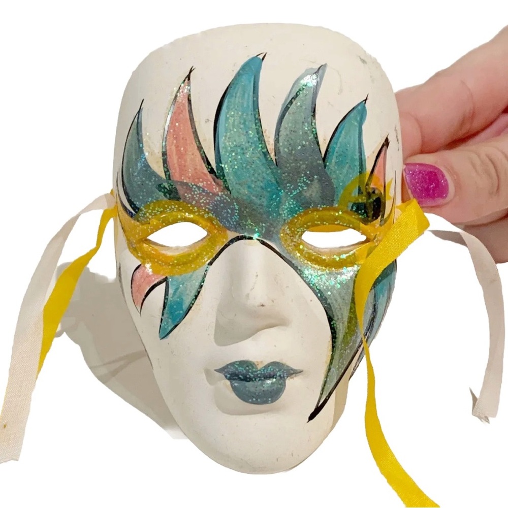 Ceramic Hand Painted Small Venetian-Style Mask Sparkly Pink Blue Ribbons Venice